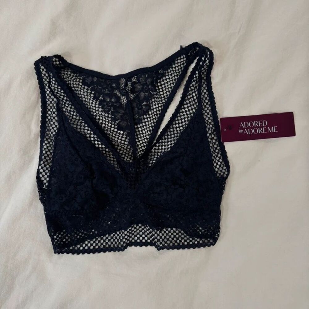 Adored by Adore Me Navy Lace Mesh Racerback Bralette NWT Size Small